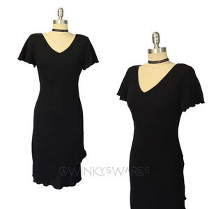 Vintage Y2K Black Bias Cut Midi Dress Size 8 M Flutter Sleeve V Neck Goth Gothic